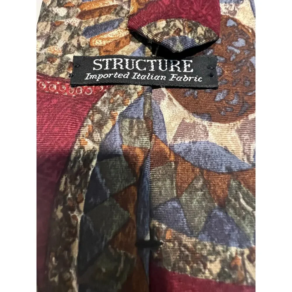 Structure Men's Necktie Imported Italian Silk Red Gold Abstract Print JL